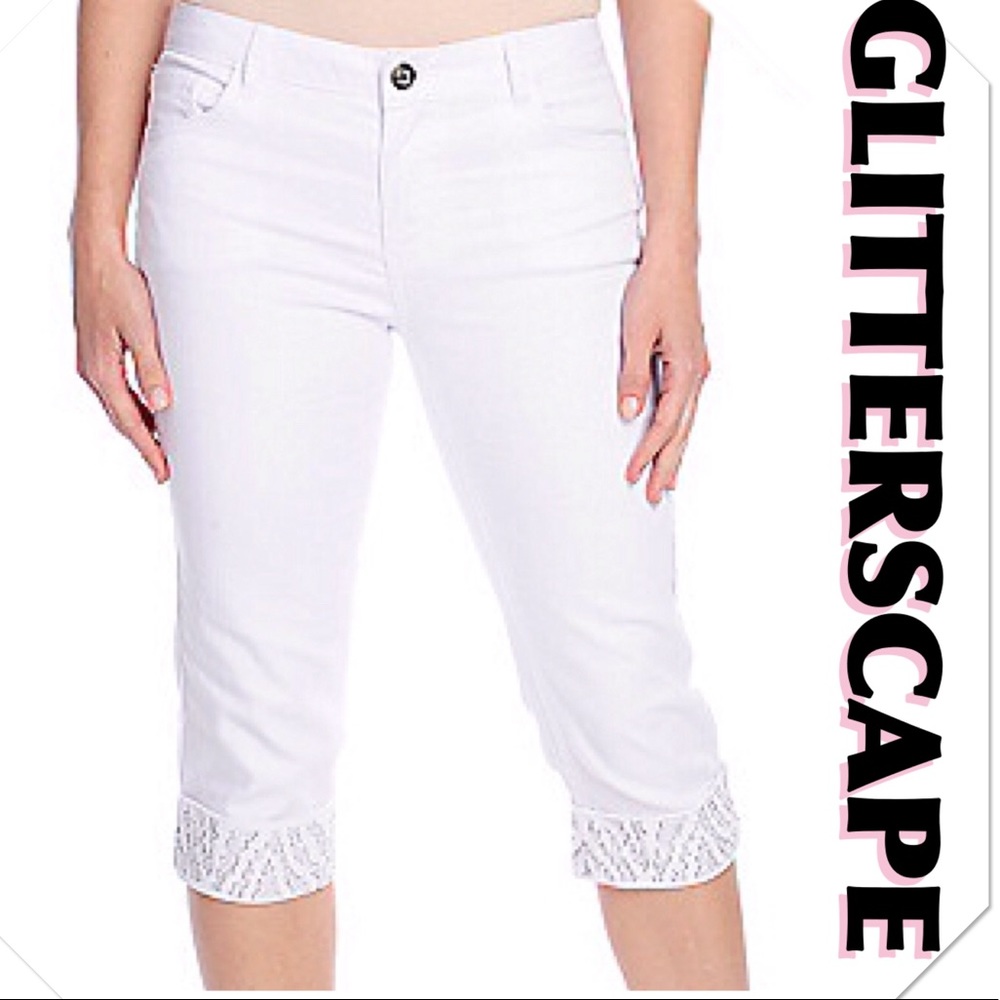 NEW Bling Rhinestone White Jean Capri 1X 2X 3X - Picture 1 of 8